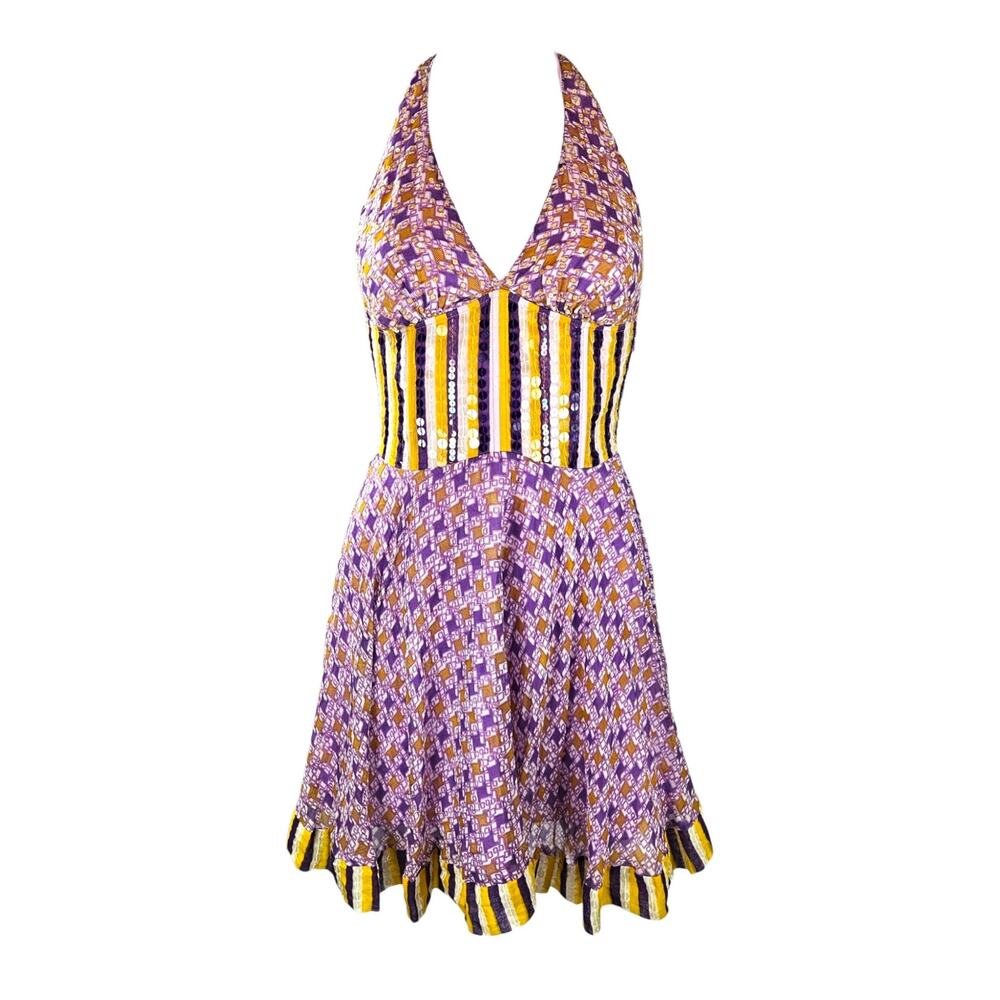 Y2k Sequin Halter Mini Dress Purple & Yellow Euro Pinko - Small